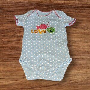 Just One You Light Blue White Polka Dot Onesie Love Fish & Hearts Size 0-3 Month